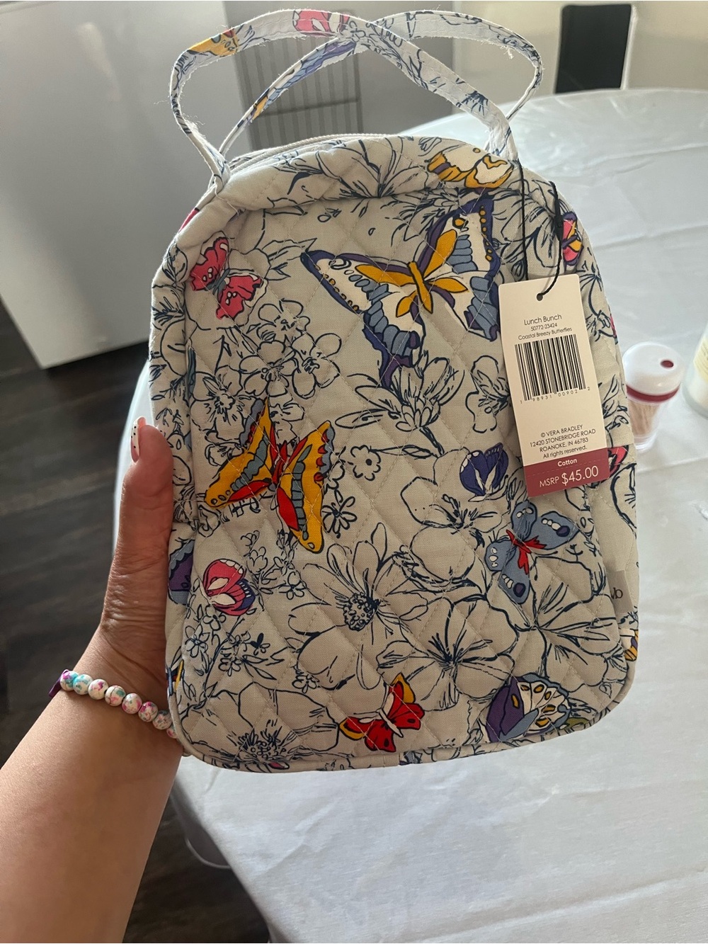Vera Bradley White Floral & Butterfly Lunch Bag with Red Yellow Purple Accents